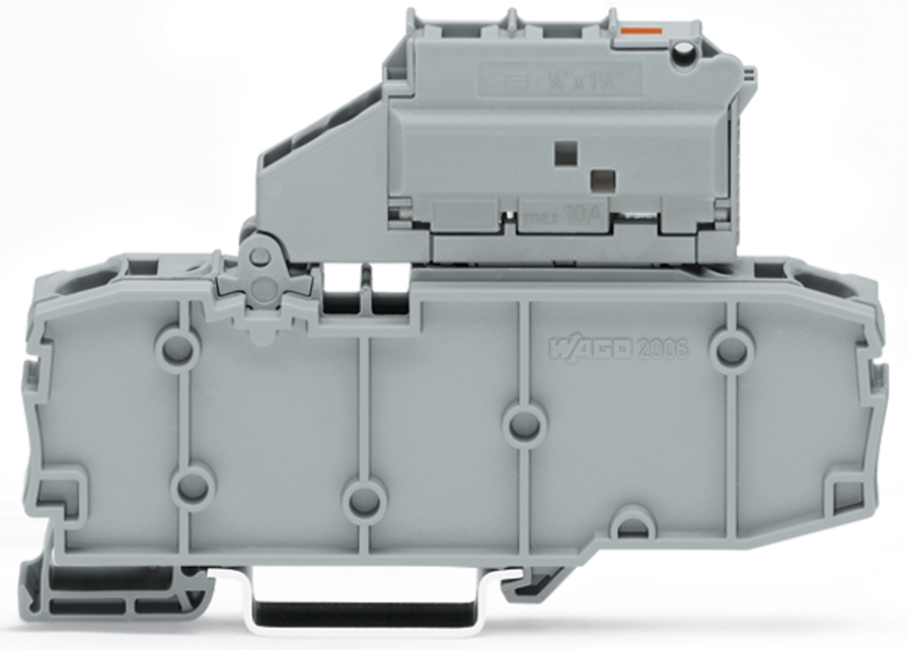 2-conductor fuse terminal block; with pivoting fuse holder; with end plate; for glass cartridge fuse " x 1"; with blown fuse indication by LED; 230 V; for DIN-rail 35 x 15 and 35 x 7.5; 6 mm; Push-in CAGE CLAMP; 6,00 mm; gray