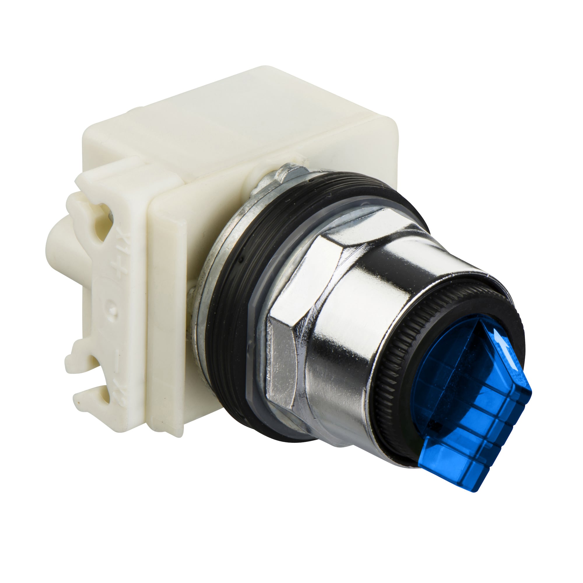 Illuminated selector switch, Harmony 9001K, metal, long handle, blue, 30mm, 3 positions, stay put, 24-28V, 1 C/O