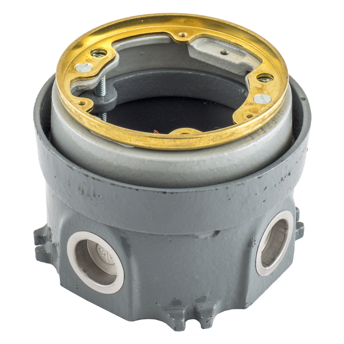 Flush Concrete Floor Box Series, 1-Gang, Round, Cast Iron Box, Deep, Fully Adjustable, Single Service, Brass Top