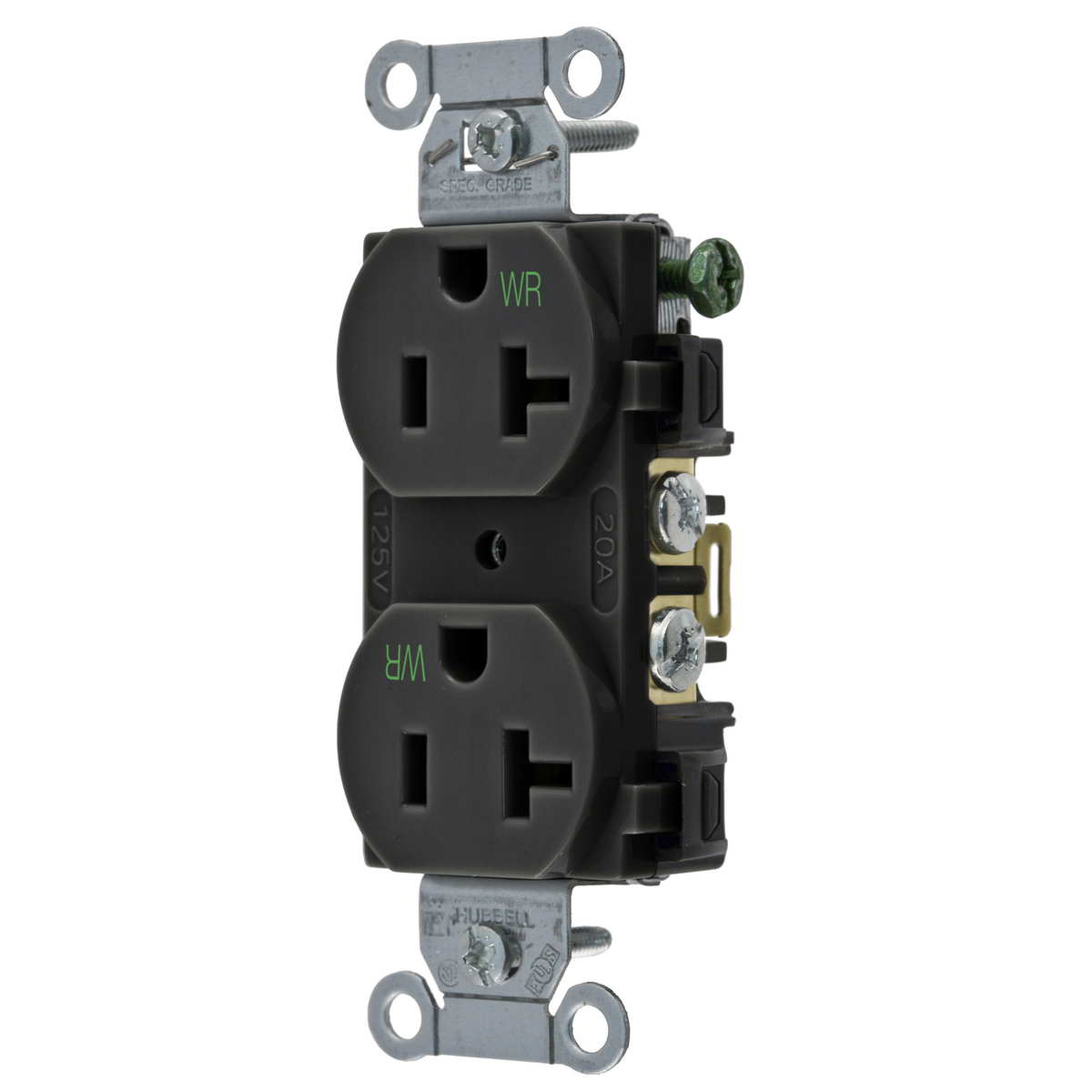 Straight Blade Devices, Receptacles, Weather-Resistant Duplex, Commercial/Industrial Grade, 2-Pole 3-Wire Grounding, 20A 125V, 5-20R, Black, Single Pack.