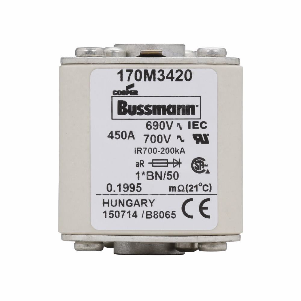 Eaton Bussmann series high speed square body fuse, 700V (UL), 690V (IEC), 450A, 200 kAIC, Top fuse status indicator, Fuse, Class aR, Flush - 170M3420