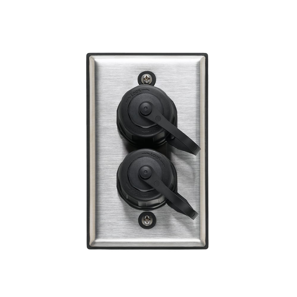 DuraPort Industrial Outlet Kit, single gang, 2-port.  Includes stainless steel wallplate with connector housing and cap.  QuickPort connector not included.