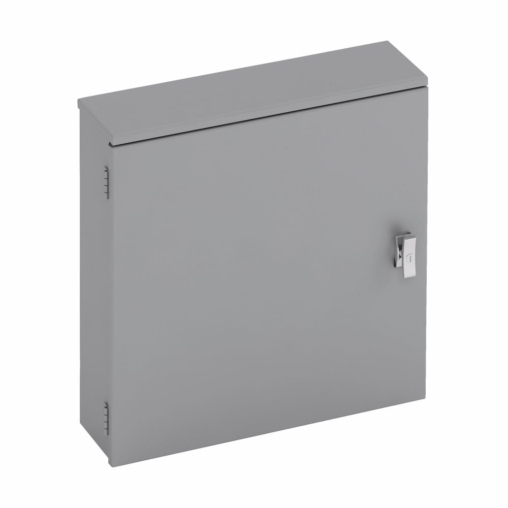 utility enclosures, 12" height, 6" length, 12" width, NEMA 3R, Hinged cover, RTC cabinet, Surface mounted, Small single door, 5 bottom knockouts, Embossed thru holes, Carbon steel