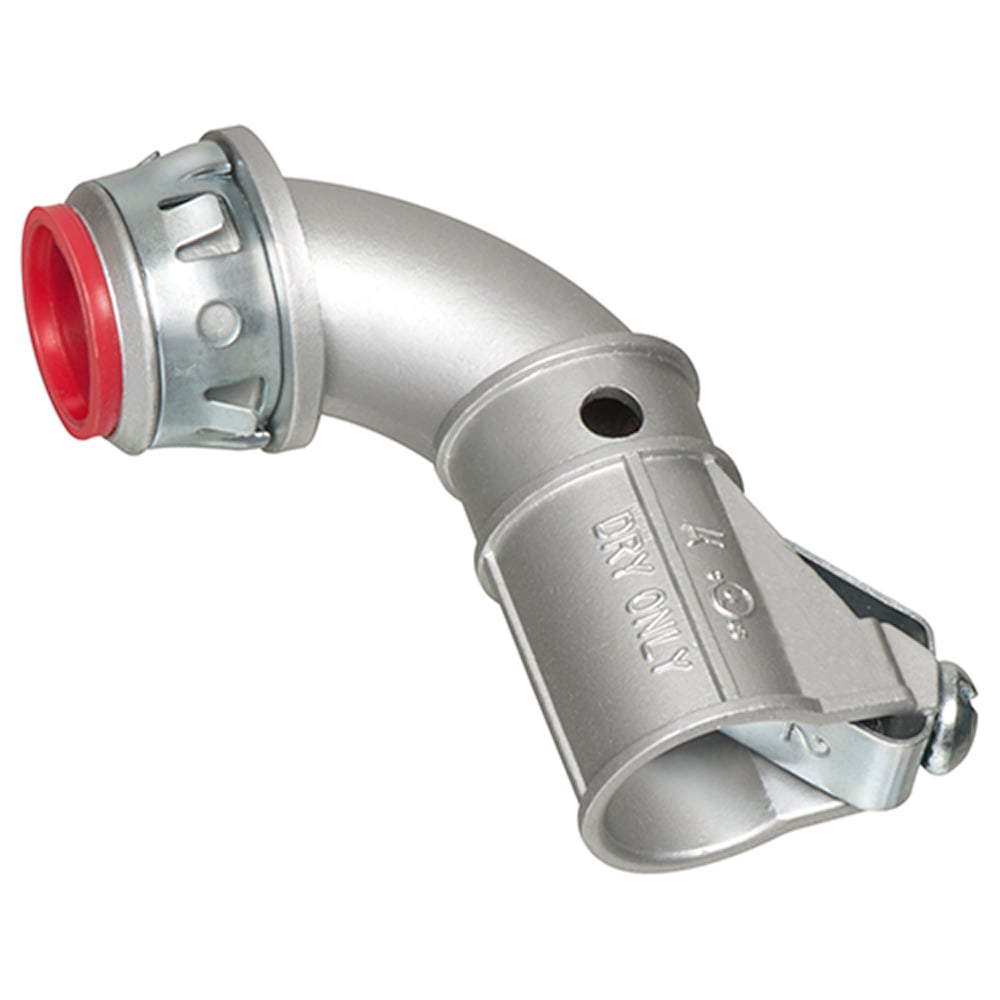Zinc die-cast, 1/2" Knockout MC cable connector snaps quickly on to the conduit with a removable screw in spring steel clip and then snaps into knockout with external spring steel clip, no tools required. Concrete tight when taped. Comes with Insulated throat.