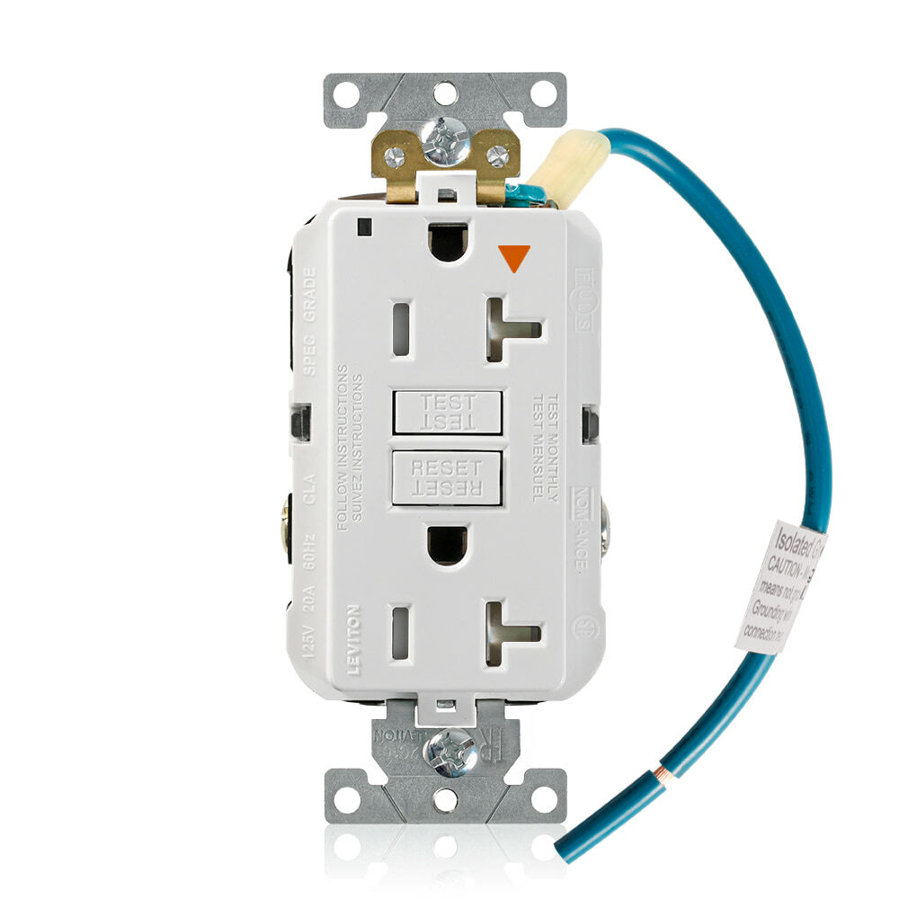 Self-Test, Isolated Ground, Tamper Resistant, Fed-Spec Slim GFCI Receptacle. NEMA 5-20R 20A-125V @ Receptacle, 20A-125V Feed-through, Lighted, White, W/Whiten Test And Reset Button, With Mounting Screws, Washers, Instruction Sheets,