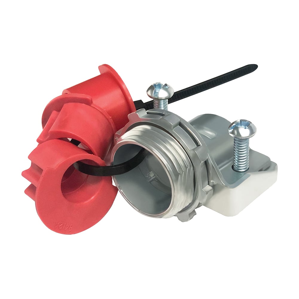 For steel and aluminum cable, Zinc die-cast MC feeder cable connector with a steel strap. Including an end stop that comes with additional end stop bushings for a wider range of cables. Secures into a 1-1/2" knockout with a steel locknut. Concrete tight when taped.