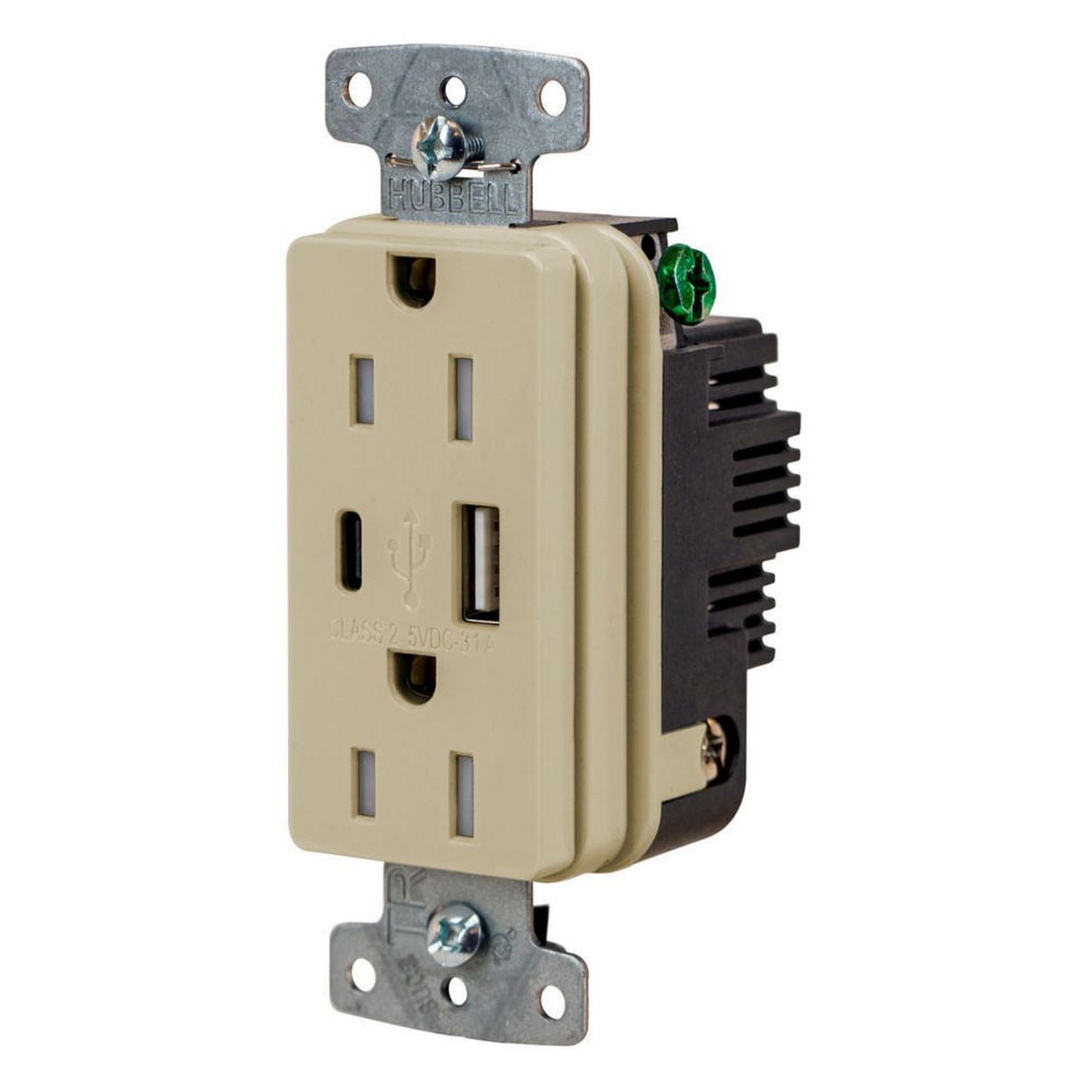 USB Charger Duplex Receptacle, 15A 125V,2-Pole 3-Wire Grounding, 5-15R, 1) 3.1 A "C" USB and "A" Ports, Ivory