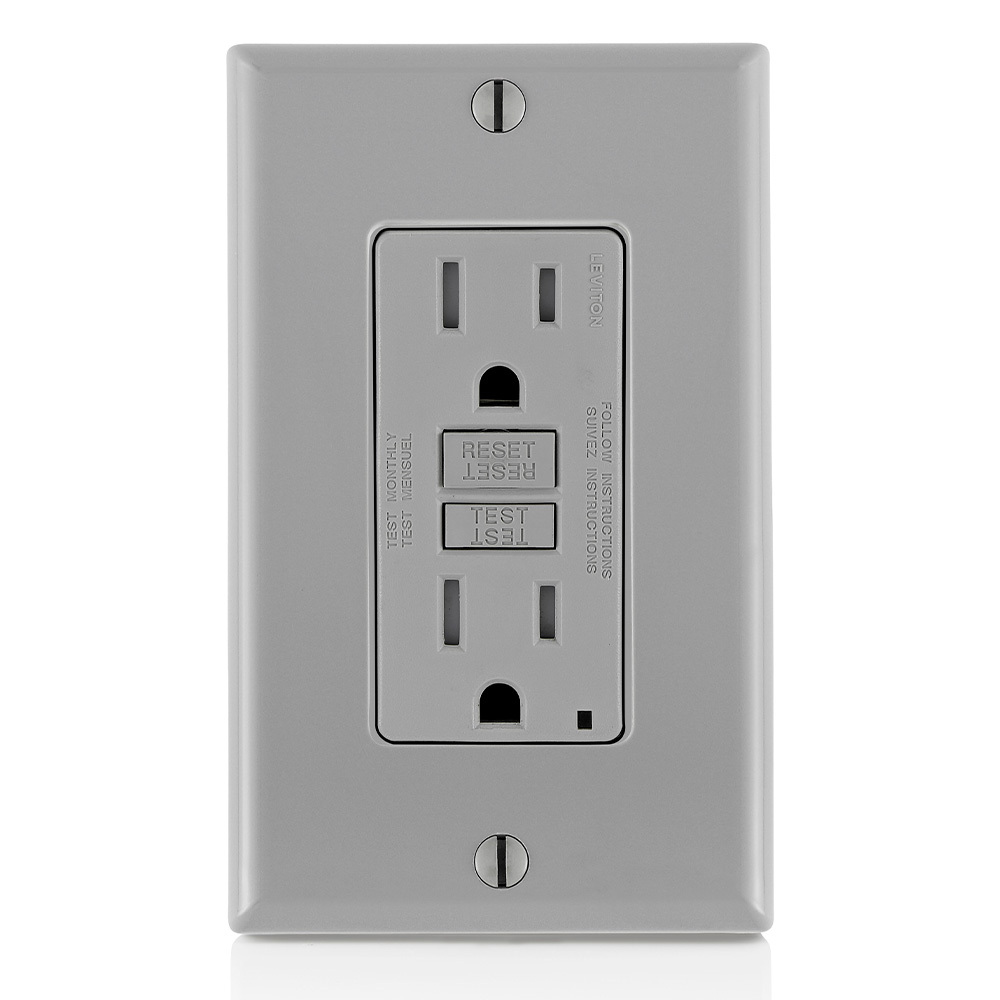 Self-Test Slim Tamper Resistant GFCI Receptacle. Nema 5-15R 15A-125V At Receptacle, 20A-125V Feed-through. Lighted - Gray With Gray Test And Reset Button.