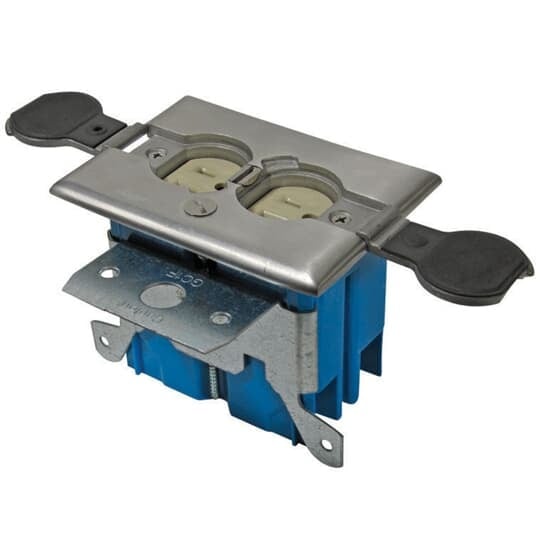 Single Gang Adjustable Residential Floor Box, 20 Cubic Inches, Cover Stainless Steel, Non-Metallic, Tamper Resistant Duplex Receptacle