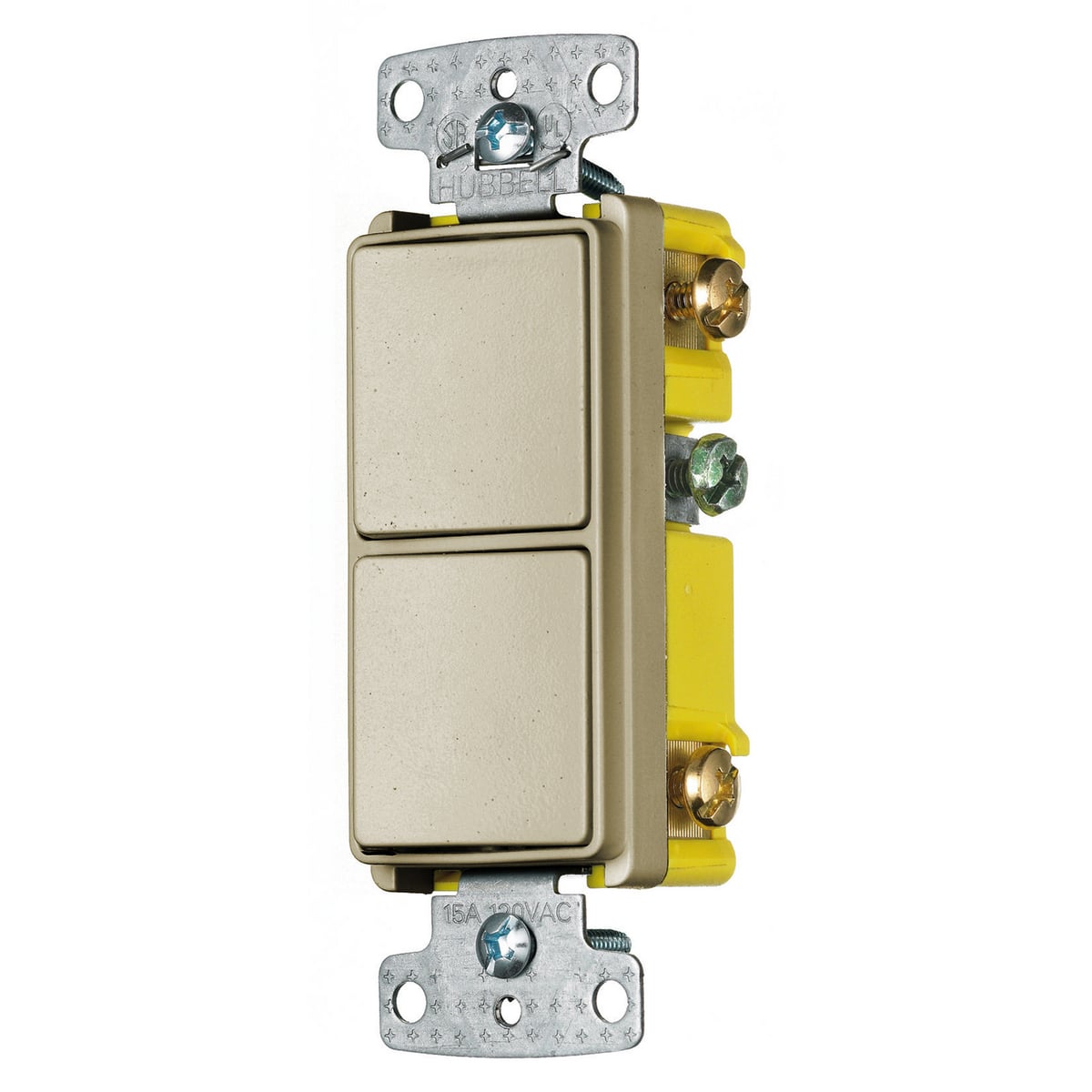 Combination Devices, Residential Grade, Decorator Series, Two Single-Pole Rockers, 15A 120V AC, Side Wired