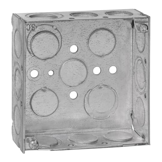 Square Box, 21 Cubic Inches, 4 Inch Square x 1-1/2 Inch Deep, 1/2 Inch and 3/4 Inch Eccentric Knockouts, Galvanized Steel, Welded Construction, For use with Conduit