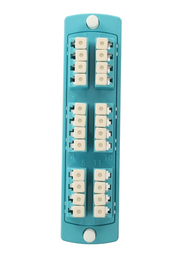 Injection Molded Adapter Plate, Opt-X 6-Pack Quad LC OM3, 24-Fiber Aqua, Zirconia Ceramic Sleeve