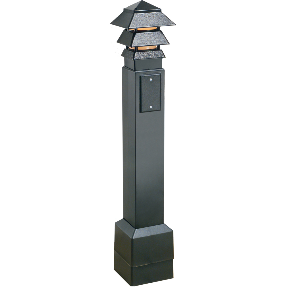 Gard-N-Post. 35" bollard kit comes with Pagoda style light fixture. Openings on both sides of post for back to back power or power on one side and low voltage on the other. Metal support post attaches to surface. The non metallic Gard-N-Post slides over the support post. two 1/2" Knockouts. Color Brown. Color is permanent, no chipping.