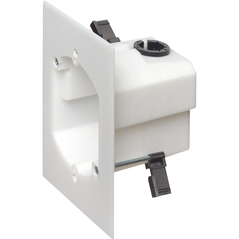 One piece single gang retrofit non-metallic box. installs with a 3-1/2" diameter hole saw. Adjusts to fit 3/4" to 1-1/2" wall thicknesses. 18.0 cu. in. Textured paintable front surface. 2 hour Fire Rating.