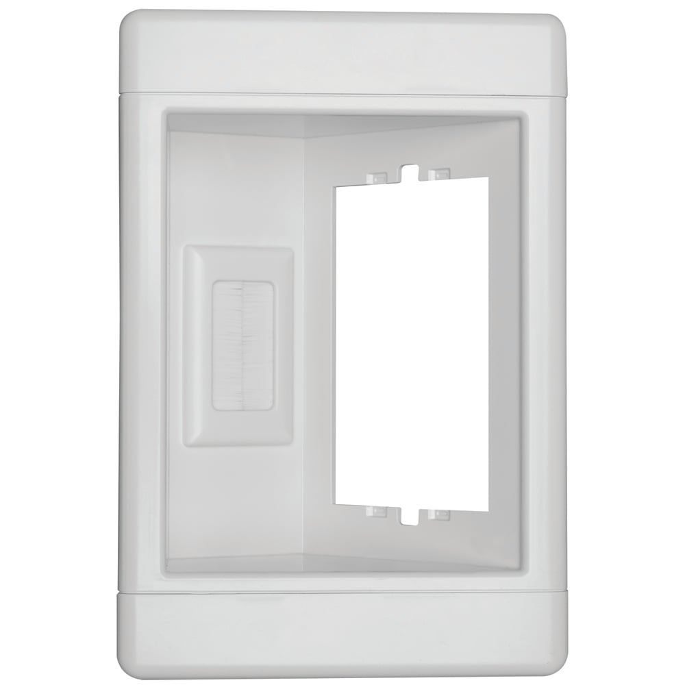 Single-Gang Recessed TV Box with Low-Voltage Pull-Through Brushes. Ideal for flat-screen TVs, home office, kitchen counter tops, and behind furniture to allow snug-to-wall placement. Devices sold separately.