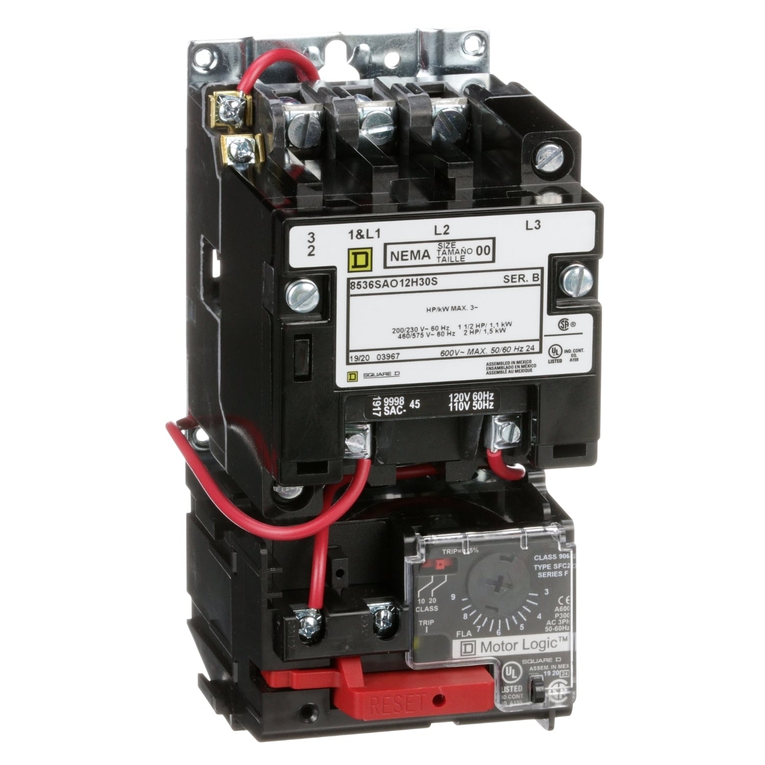 NEMA motor starter, Type S, nonreversing, Size 00, 9A, 2HP at 460VAC, up to 100kA SCCR, 3 phase, 3 pole, Motor Logic, 120VAC coil, open [TAA]