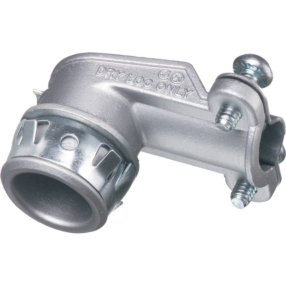 Zinc die-cast, 90 degree 2 screw flex connector for aluminum and steel Flex. Provides smaller cable range for MCI cable. Secures into a 1/2" Knockout with a spring steel clip.