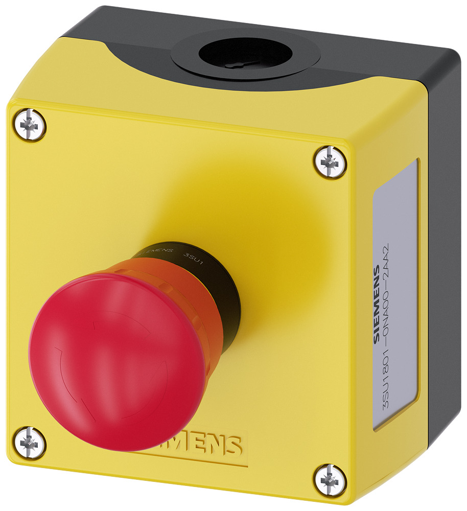 Enclosure for command devices, 22mm, round, enclosure material plastic, enclosure top part yellow, 1 command point plastic, command point at center, a=em. stopmush. pushb. red, 40mm, rotate to unlatch, 1NC, screw terminal, base mounting