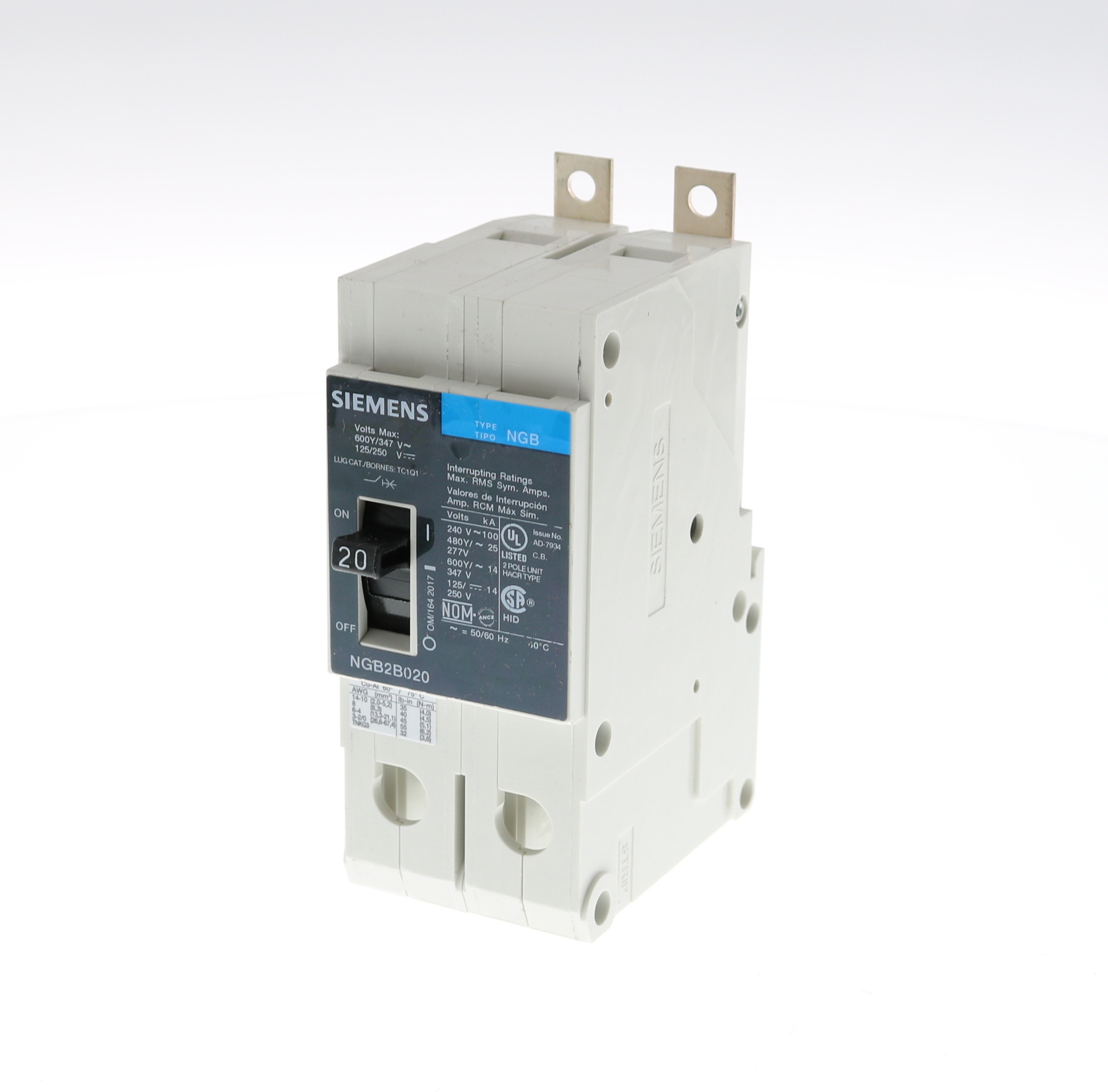  LOW VOLTAGE PANELBOARD MOUNT G FRAME CIRCUIT BREAKER WITH THERMAL - MAGNETIC TRIP. UL LISTED NGB FRAME WITH STANDARD BREAKING CAPACITY. 20A 2-POLE (14KAIC AT 600Y/347V) (25KAIC AT 480Y/277V). SPECIAL FEATURES MOUNTS ON PANELBOARD, LOAD SIDE LUGS ONLY (TC1Q1) WIRE RANGE 14 - 10 AWS (CU/AL). DIMENSIONS (W x H x D) IN 2 x 5.4 x 2.8.