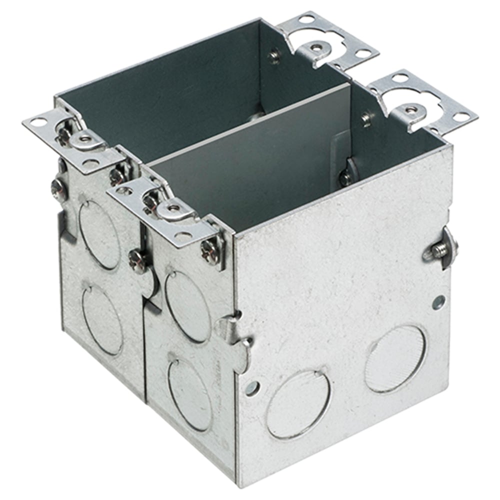 Steel two gang floor box, features (14) 1/2" knockouts. 36.0 cu. in. Low voltage divider comes installed and is removable.