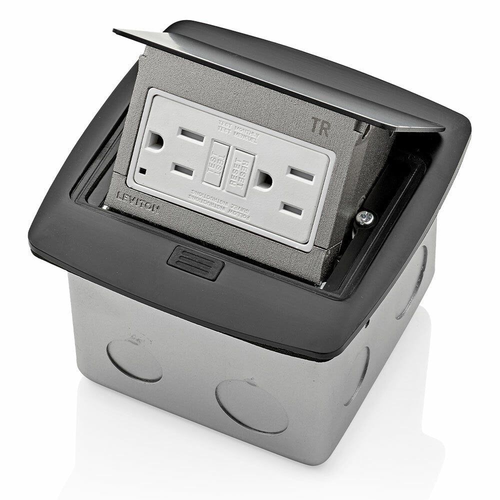 Pop-Up Floor Box with 15 Amp, 125 Volt Receptacle-Outlet, 20 Amp Feed-Through, Tamper-Resistant, Self-Test SmartlockPro GFCI that is pre-wired to terminal block - Black