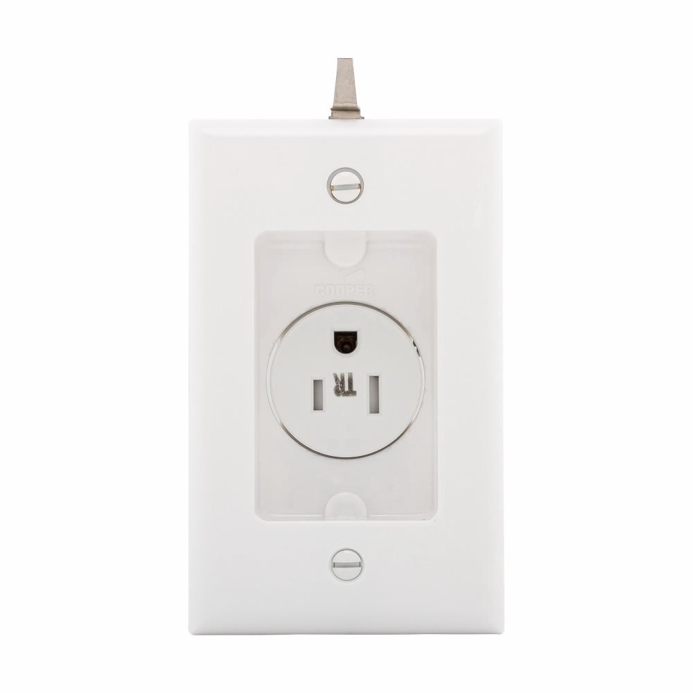 Eaton commercial specification grade single receptacle, #14-10 AWG, 15A, Commercial, Recessed, 125V, Side wire, White, Brass, Impact-resistant thermoplastic face and back body, 5-15R, Single, Screw, Thermoplastic, Retail Box