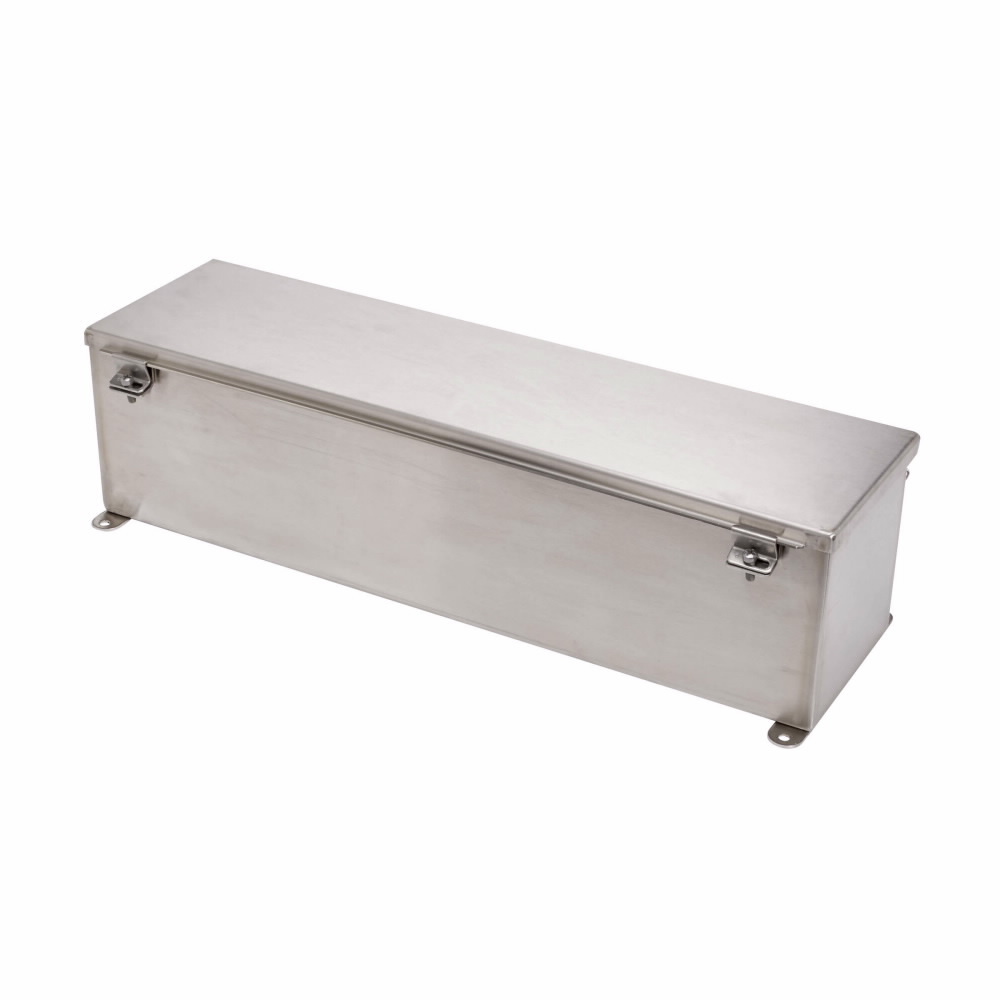 Eaton B-Line series wiring trough, 6" height, 60" length, 6" width, 4XSWT wiring trough, Welded external mounting feet, Hinged cover, NEMA 4X, 304 stainless steel, Seamless poured in-place, Hinged, #4 brushed finish, 14 gauge