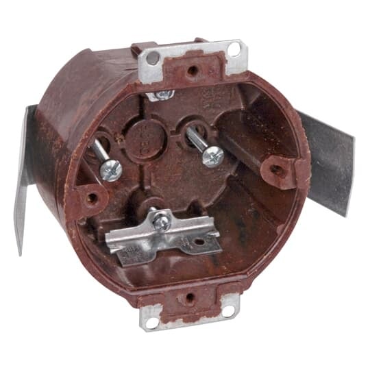 Round Fixture Outlet Box, Volume 14.0 Inches, Diameter 3-1/2 Inches, Depth 2-1/8 Inches, Color Brown, Material Phenolic, Mounting Means #9 Snap-In Bracket, with High Clamps