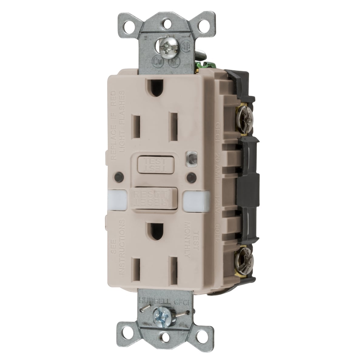 Power Protection Products, Receptacle, GFCI, Commercial Grade, Self Test, 15A 125V, 2-Pole 3-Wire Grounding, 5- 15R, With Nightlight, Light Almond