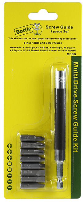 Multi-Drive Screw Guide Kit, Phillips-#1, #2, #3, Square-#1, #2, Slotted-#6F-#8R, #8R-10F, #10R-12R tip size, Phillips, Square, Slotted tip type