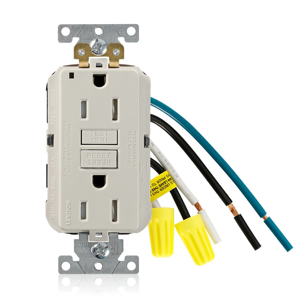 Self-Test, Leaded, Tamper Resistant, Fed-Spec Slim GFCI Receptacle, NEMA 5-15R 15A-125V @ Receptacle, 15A-125V Feed-through, Enclosed Terminals,  Lighted, Light Almond, W/Light Almond Test And Reset Button.