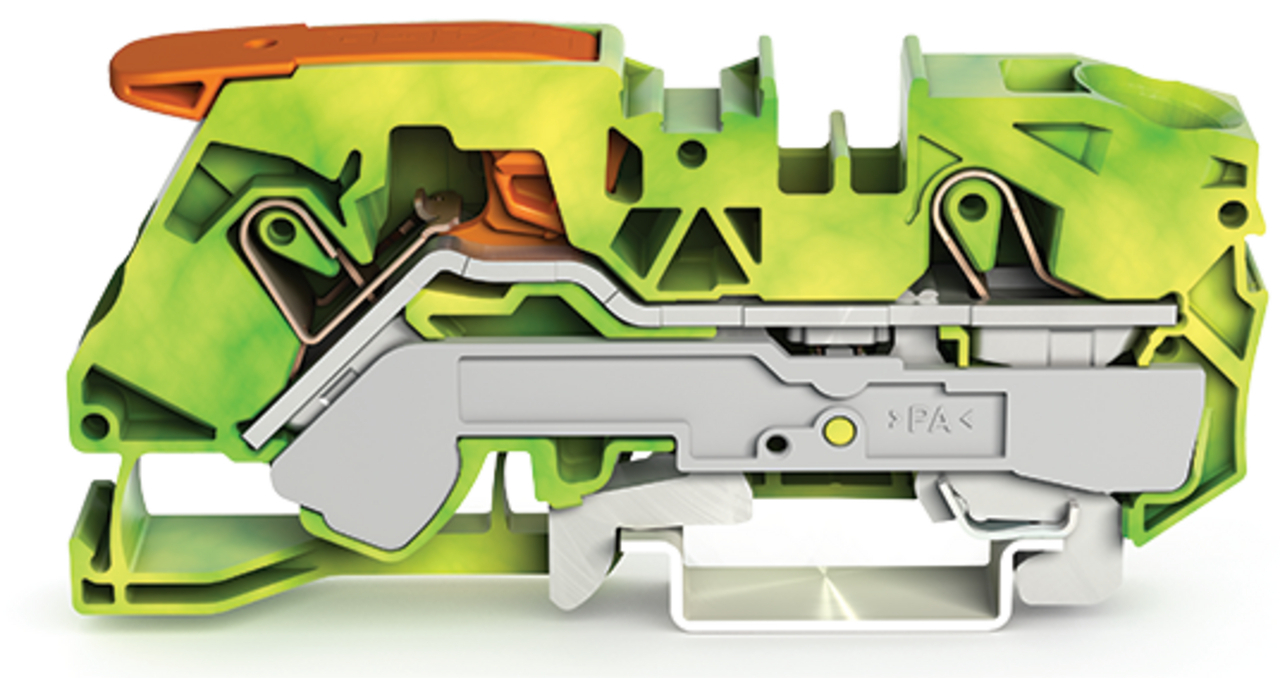 2-conductor ground terminal block; with lever and Push-in CAGE CLAMP; 16 mm; with test port; side and center marking; for DIN-rail 35 x 15 and 35 x 7.5; Push-in CAGE CLAMP; 16,00 mm; green-yellow
