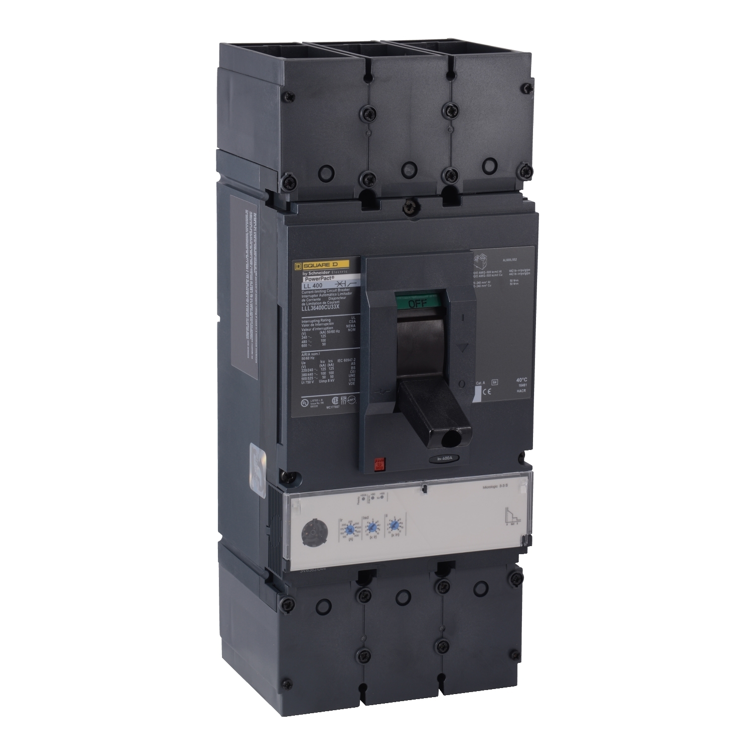 Circuit breaker, PowerPacT L, 400A, 3 pole, 600VAC, 14kA, lugs, MicroLogic 3.3S, 100%