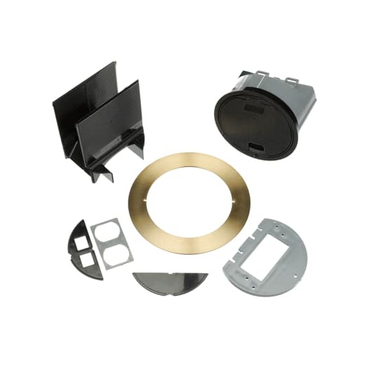 Recessed Service Floor Box Cover Kit, Accepts Duplex Receptacles GFI Receptacles and 2 Port Keystone Data Plate, Black with Brass Flange, For use with Flush Service Floor Box, 100 Cubic Inches, Opening Diameter 5-5/32 Inches, Base Diameter 6-3/8 Inches, Depth 6 Inches, 3/4 Inch and 1 Inch Conduit Tapping, Plastic, For Power or Communications/Data and Wood Sub-Floor and Raised Floor Applications