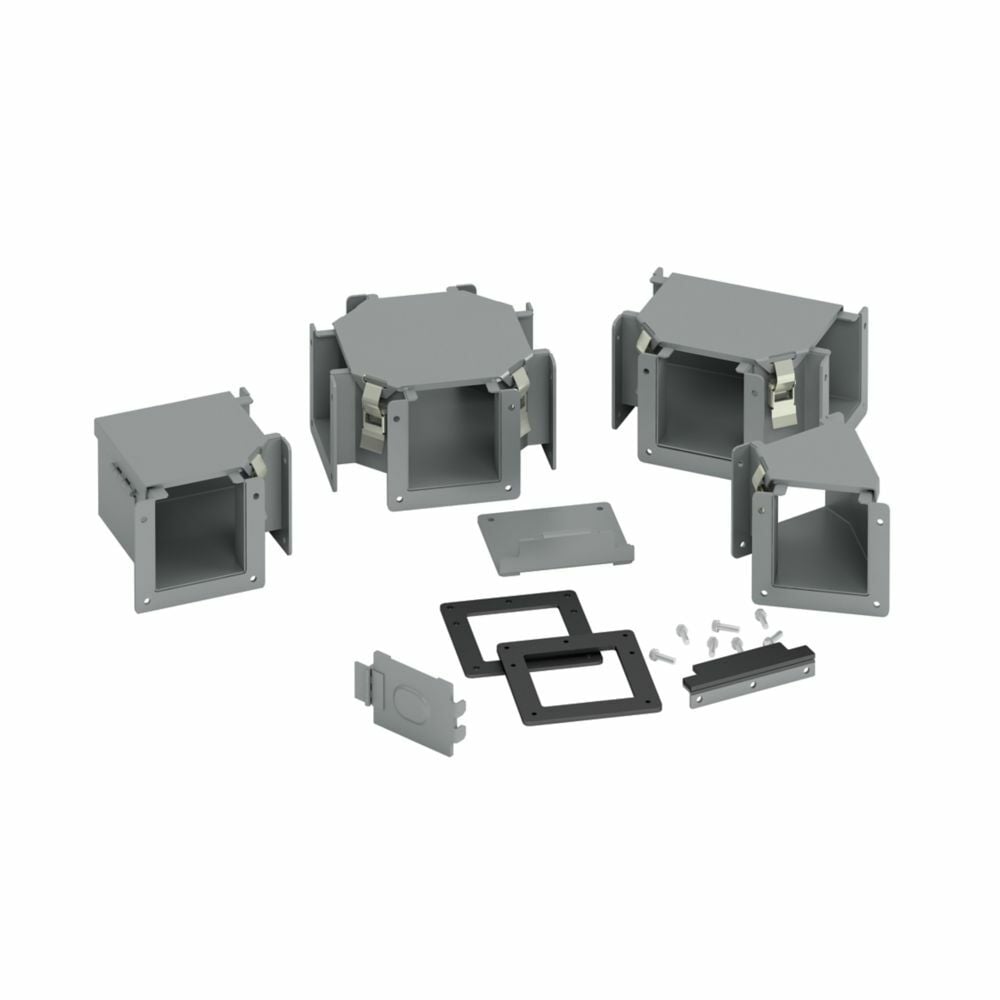 Eaton B-Line series wireway elbow fitting, Includes (1) sealing plate kit, Lay-in, 90 elbow, top opening, NEMA 12, Steel, ANSI 61 gray painted, 4" X 4"