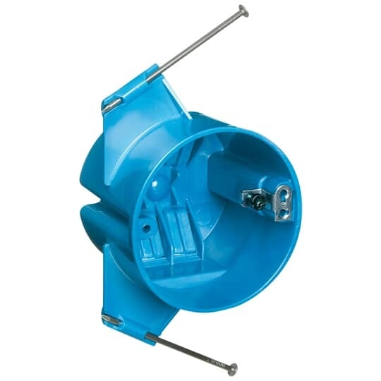 Ceiling Box, Volume 18 Cubic Inches, Diameter 3 Inches, Depth 2-3/4 Inches, Color Blue, Material Polycarbonate, Mounting Means Captive Nails, with Ground Screw Attached