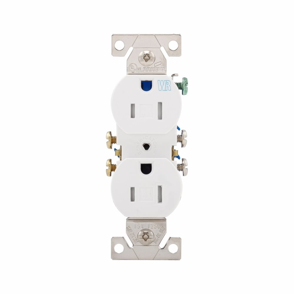 Eaton residential grade duplex receptacle, #14-10 AWG, 15A, Commercial, Residential, Flush, 125V, Side and push, White, Brass, Weather resistant, Impact-resistant thermoplastic, 5-15R, Duplex, Screw, Thermoplastic, Core pack
