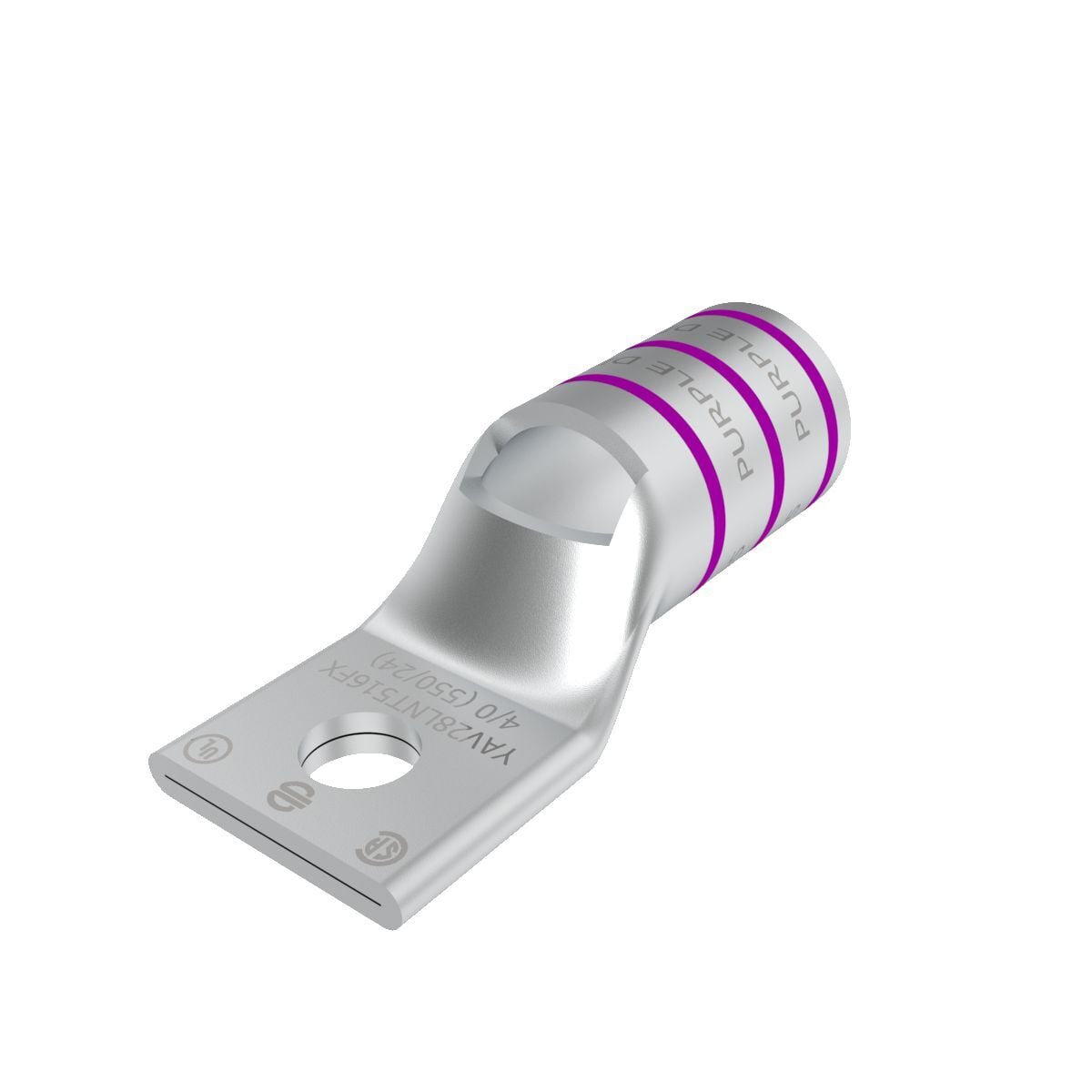 4/0 Flex G,H,I,K,M,DLO, 4/0 AWG CU, One Hole, 5/16 Stud Size,  Standard Barrel, Inspection Window, Narrow Tongue Internal Chamfer, Tin Plated, UL/CSA, 90?C, Up to 35kV, Purple Color Code, 15 Die Index.