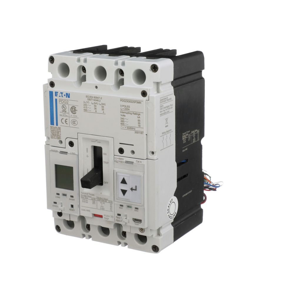 Eaton Power Defense molded case circuit breaker, Globally Rated, Frame 2, Three Pole, 225A, 35kA/480V, PXR25 LSI w/ Modbus RTU and Relays, No Terminals