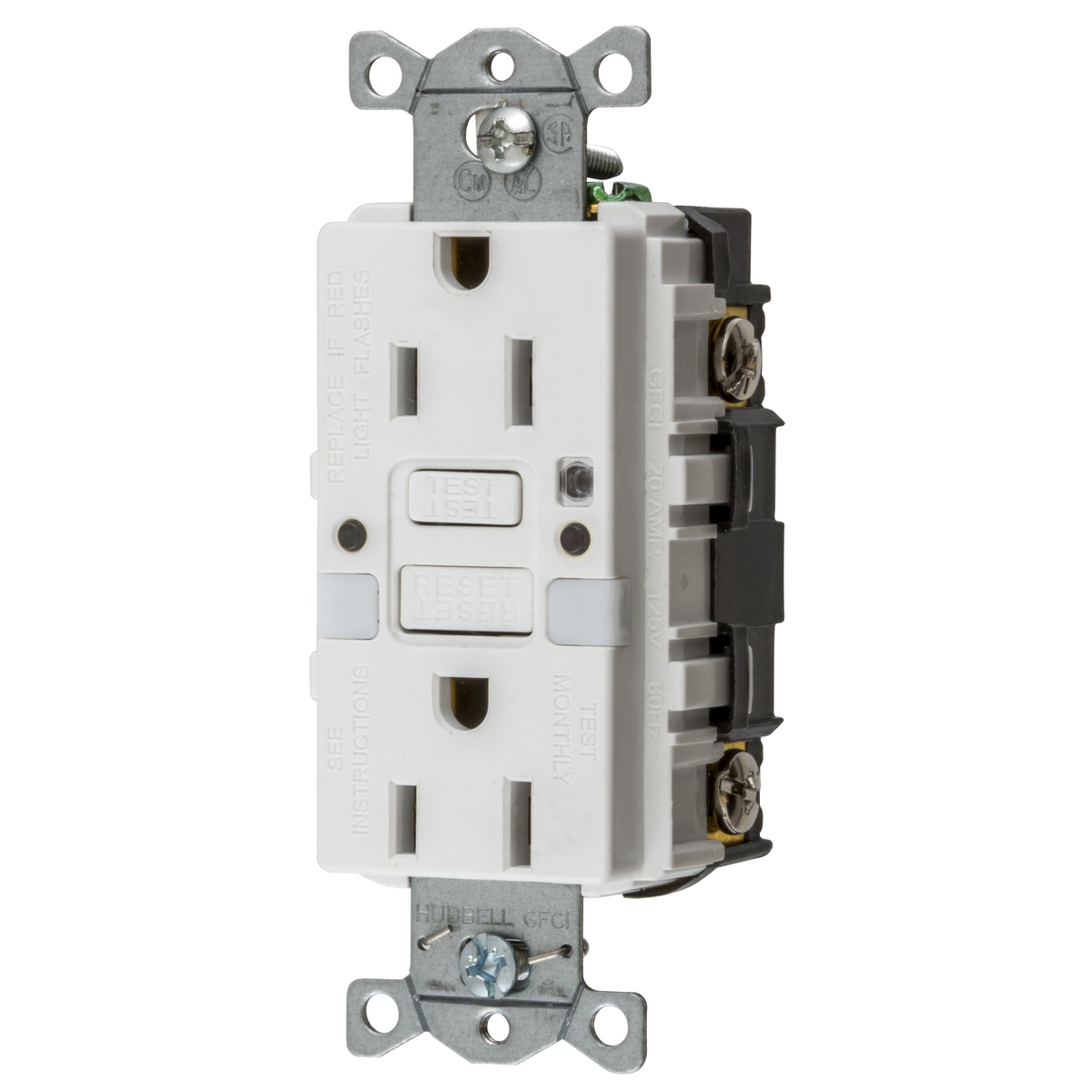 Power Protection Products, Receptacle, GFCI, Commercial Grade, Self Test, 15A 125V, 2-Pole 3-Wire Grounding, 5- 15R, With Nightlight, White
