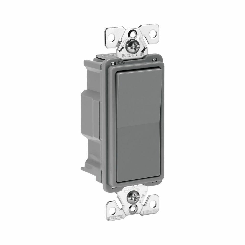 Eaton commercial grade decorator switch, Box, #14-10 AWG, 15A, Flush, 120/277V, Back/push, Antimicrobial paddle, Maintained, Gray, Motor Control, Fan, LED, Incand, ELV,MLV,CFL, Florscnt, Halogen, Single-pole, Thermoplastic 647048