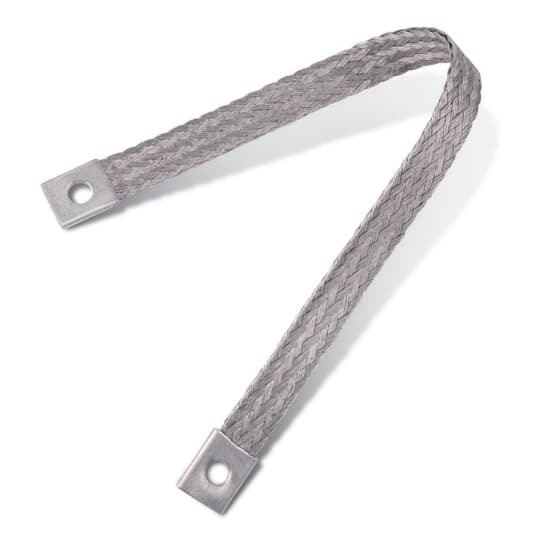 Flexible Braid 105.6 kcmil,  Tinned,  12 Inch Long  x  1 inch Wide x 1/4 inch Thick.   Pad is 2-1/2 inch long with Two 9/16 inch In-Line Holes on 1-1/4 inch Centers.