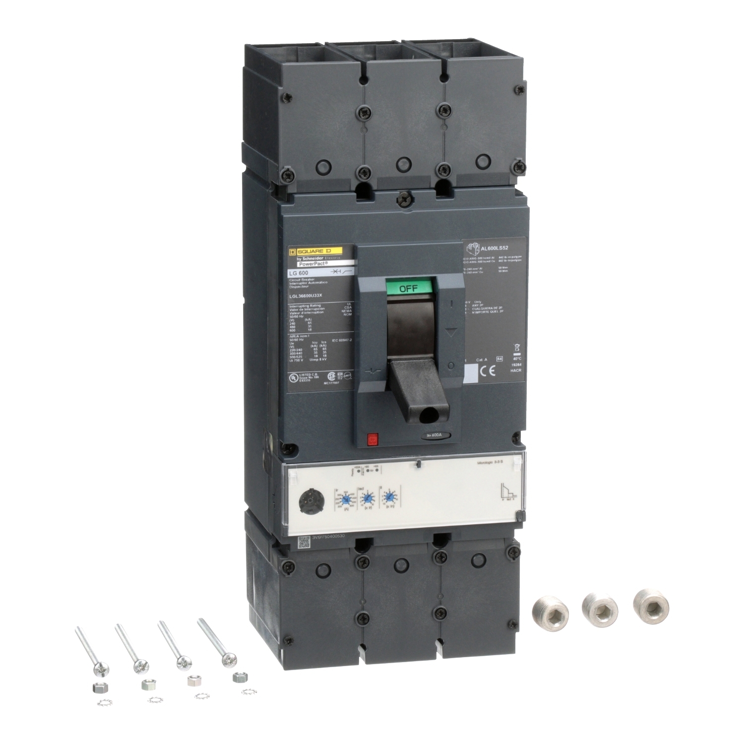 Circuit breaker, PowerPacT L, 600A, 3 pole, 600VAC, 18kA, lugs, MicroLogic 3.3S, 80%