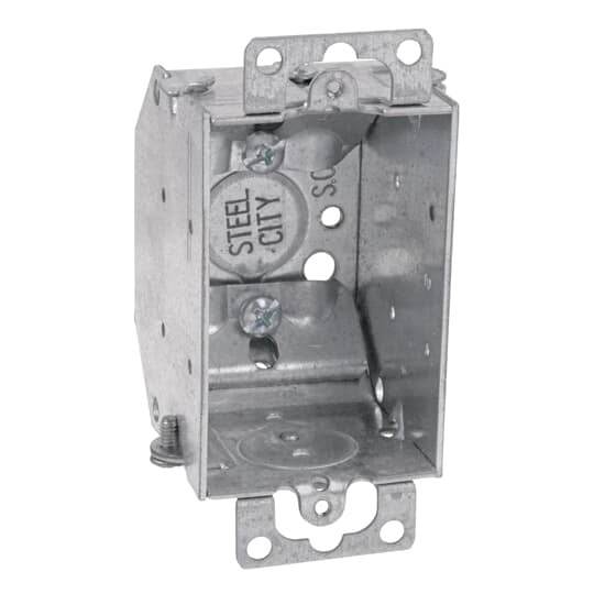 Gangable Switch Box, 10.5 Cubic Inches, 3 Inches Long x 2 Inches Wide x 2-1/4 Inches Deep, 1/2 Inch Knockouts, Pre-Galvanized Steel, Beveled Corners, Non-Metallic Cable Clamps (C-1) and Ears Flush for Old Work, For Non-Metallic Sheathed Cable