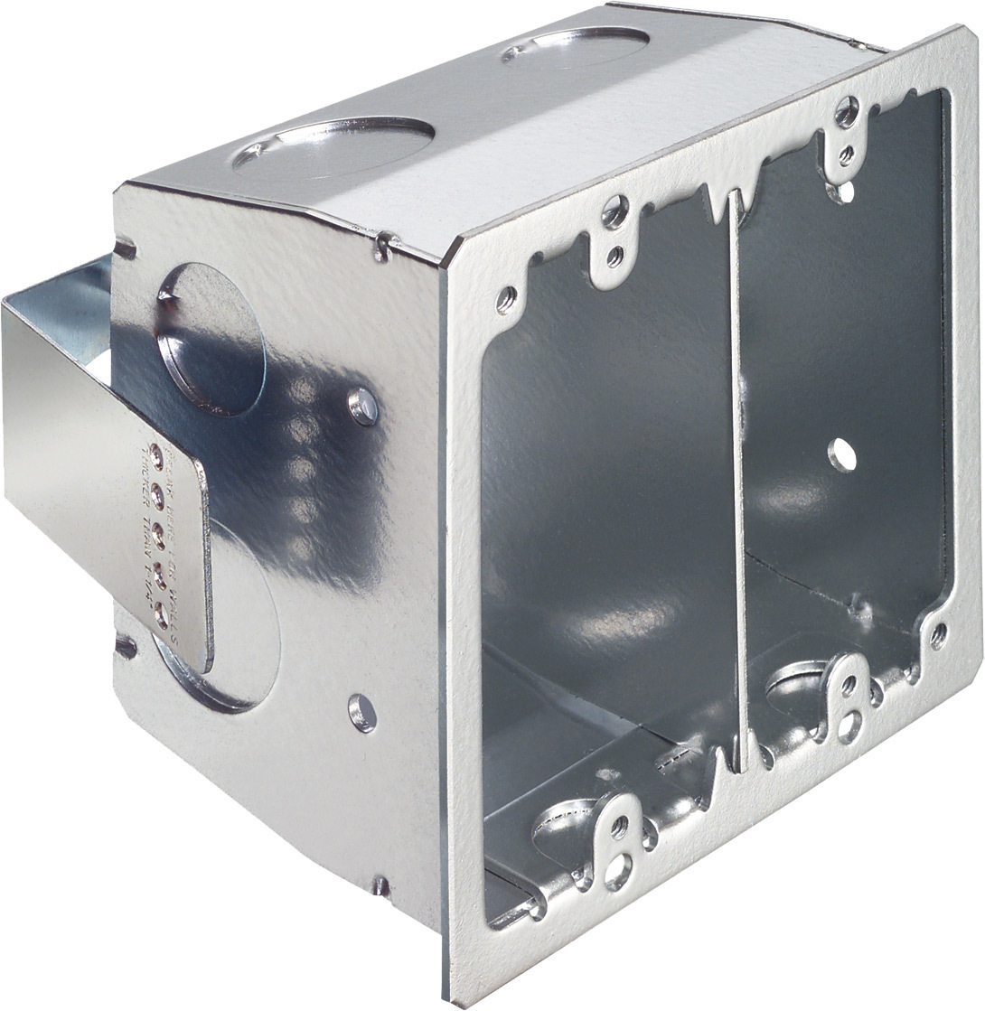 Steel 4x4 box for retrofit construction. Screw hole patterns for 4x4 and two gang devices. Color Red. 27.5 cu. in. 2 hour Fire Rating. 6 lb rating for Walls, 10lb rating for ceilings.