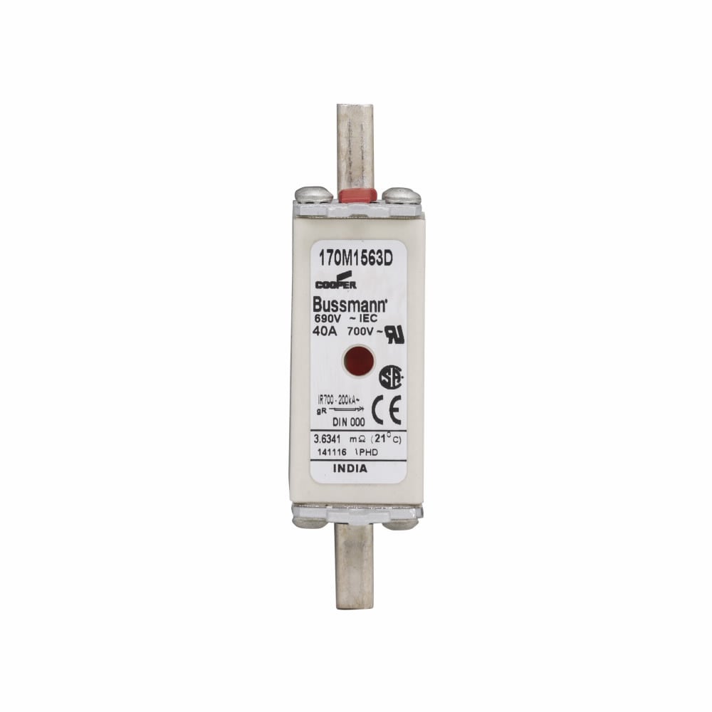 Eaton Bussmann series high speed square body fuse, 40A, 200 kAIC, Combination fuse status indicator, Fuse, Din 43-620 blade end X Din 43-620 blade end, Class gR