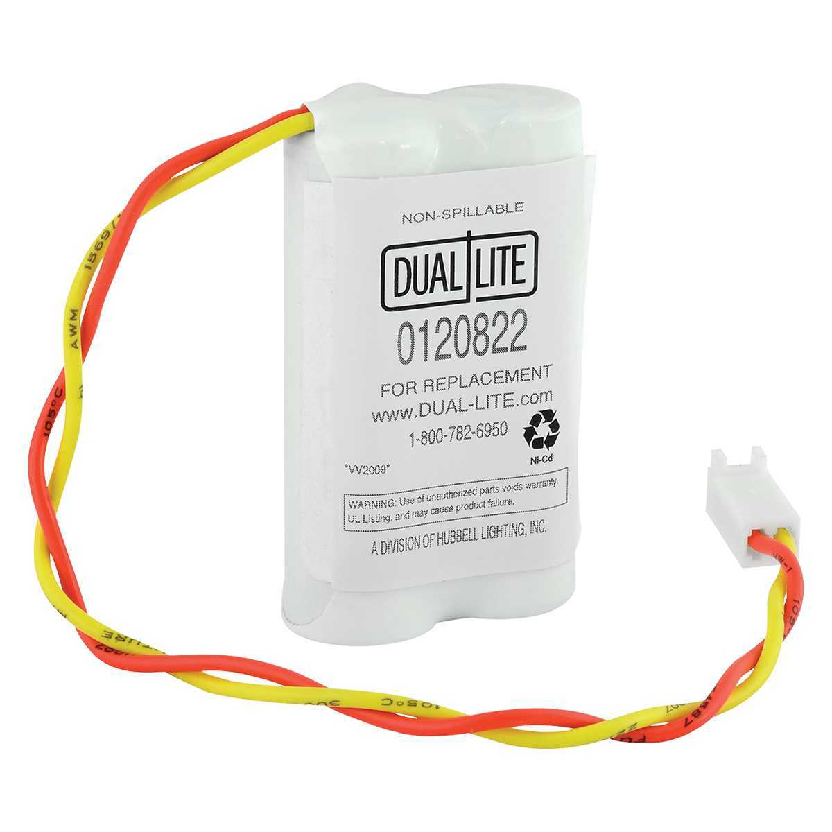 Dual-Lite approved, Battery Type=Nickel Cadmium, White, 2 AA Type Cells, 600 mA, Output Voltage: 2.4 VDC, Operating Temperature: 0?C to 45?C ?C, Terminal Type: 0.1 inch pitch, 2-pole, crimp type terminal. Only batteries approved by Dual-Lite are authorized for use with Dual-Lite products.