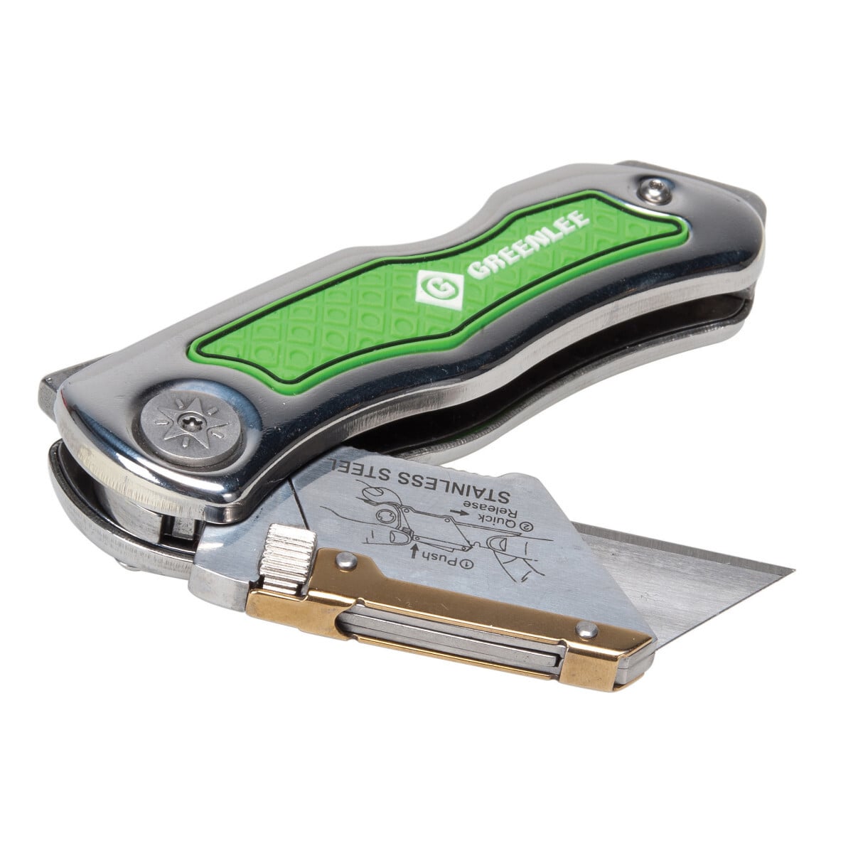High finish stainless steel handle with molded features for added comfort in rugged environments.     Quick-change locking blade holder and lock-back feature for added safety and convenience.     Belt clip adds convenience.     Includes 10 extra blades.     Uses standard utility blades.