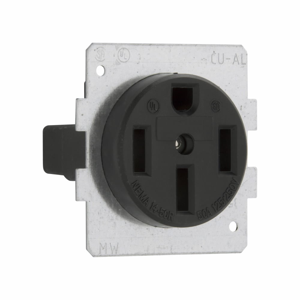Eaton power device receptacle, Short strap, #12 - 4 AWG, 50A, Flush, 125/250V, Back, Black, NEMA 14-50R, Three-pole, Four-wire, Three-pole, four-wire, grounding, Screw, Glass-filled nylon, Power, Used with S21