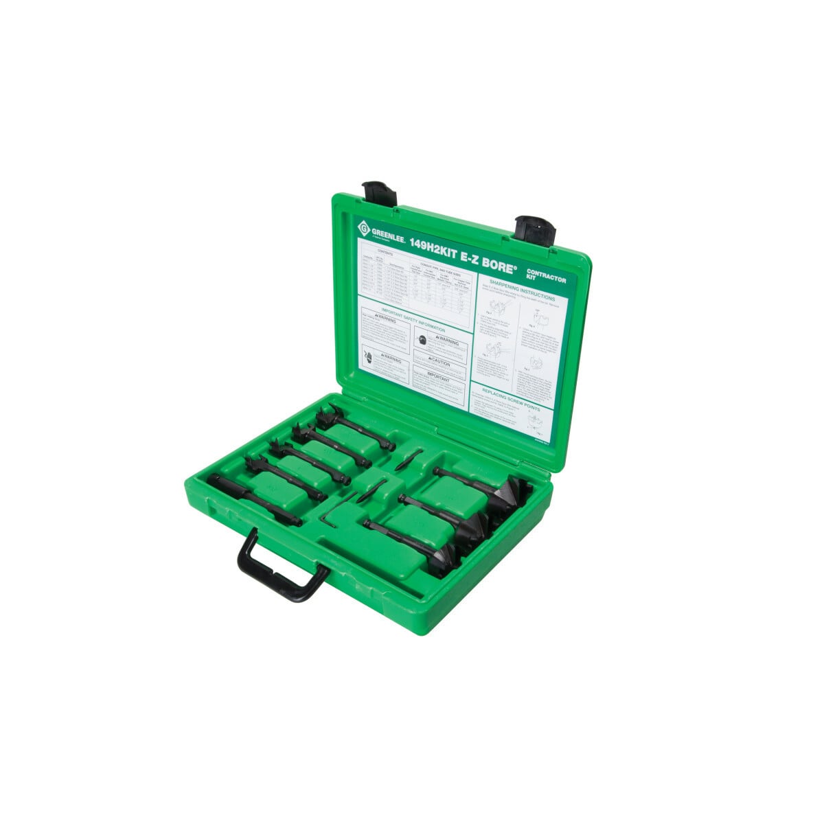 Seven of the most common E-Z BORE bits from 1" to 2-9/16".  Also includes 5-1/2" bit extension, replacement screw points, hex wrench and set screws.  Double-blade design for fast, smooth cuts.  Dual cutting edges can be re-sharpened for longer bit life.  Large, open design won't clog with wood chips.  Self-feed tip pulls bit through wood.  Outer spur teeth reduce splintering and blowouts.  Replaceable tip.
